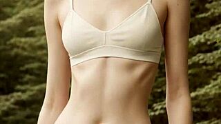 standing barefoot in lingerie on forest bridge teasing viewers