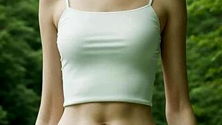 standing barefoot in lingerie on forest bridge teasing viewers