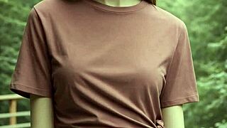 standing barefoot in lingerie on forest bridge teasing viewers