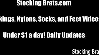 She kneels sucking my toes in tight stockings fetish