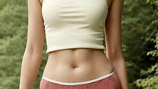 standing barefoot in lingerie on forest bridge teasing viewers