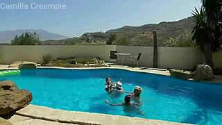 dripping wet shaved pussy milf joins pool orgy for bareback big cock creampie gangbang