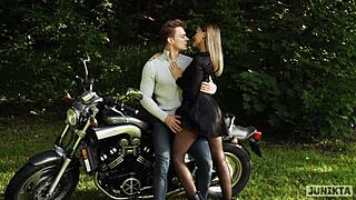 biker pounds moaning girlfriend on motorcycle outdoors