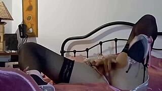 french amateur in satin lingerie masturbates fully clothed