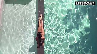 BFFs Passionately Lick Brunette Pussy and Tits in Sensual Poolside Lesbian Orgy