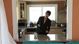 brunette asian mom tempts with steamy bedroom shoe play