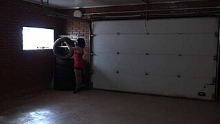 Whoa this brunette with juicy ass takes a long dildo deep in her anal right in husbands garage