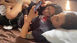 brunette distracts phone gamer deepthroat blowjob gagging spit