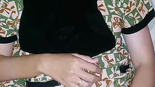 pregnant hijab helper relaxes in bedroom comfort