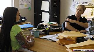 Brunette lesbian rims milf sheriff's ass while face sitting!