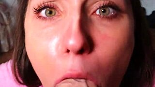 Innocent brunette stepsis gives sloppy pov blowjob cumshot facial