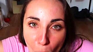 Innocent brunette stepsis gives sloppy pov blowjob cumshot facial