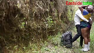 young shaved pussy screams wild during outdoor bush quickie ride