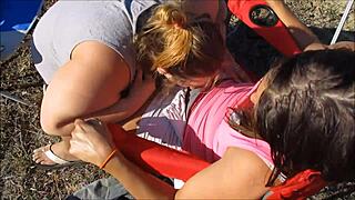 Cheating wife deepthroats friend outdoors before swallowing his load as husband nears