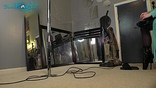 housewife milf vacuums sensually in sexy hobble boots and lingerie