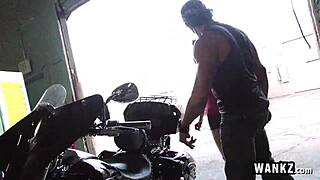 Horny petite teen slut fucks mechanic with monster cock cumshot