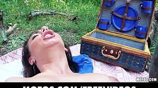 Young French Brunette with Massive Natural Tits Fingers and Fucks Deep in Forest