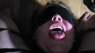 blindfolded milf bound and teased while jerking massive cock close-up no cum