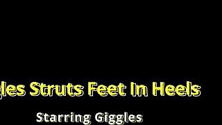 giggles teases with tattooed feet in sexy high heels close up