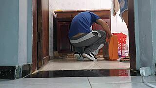 Corno's wife lifts skirt no panties for neighbor plumber's hard cock pounding session