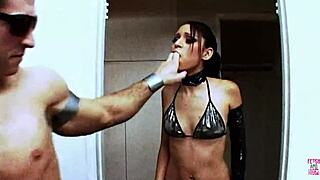 submissive brunette tight pussy relentlessly pounded by two men before cum swallow