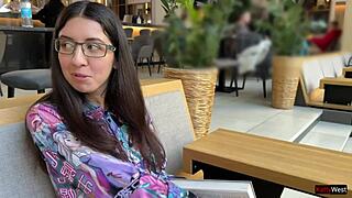 skinny library girl nympho begs for cum on glasses outdoors