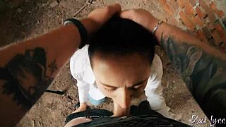 Long haired brunette teen gets facefucked deep in abandoned building POV