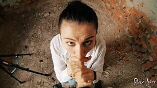 Long haired brunette teen gets facefucked deep in abandoned building POV