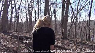 skinny iowa college girl nervously flashes and touches in local forest outdoors