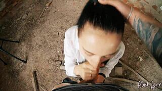 Long haired brunette teen gets facefucked deep in abandoned building POV