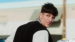 fit milf justine seductively rides young stud's cock in his vintage car