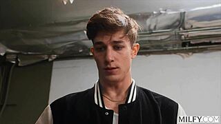 fit milf justine seductively rides young stud's cock in his vintage car