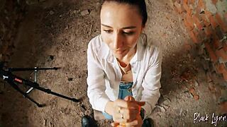 Long haired brunette teen gets facefucked deep in abandoned building POV