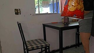 naughty babe grinds on my lap hard while eating at the desk