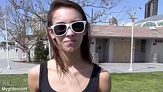 shaved small tits brunette rides cock bent over in public creampie