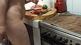 hey watch this curvy milf rub her juicy pussy while cooking dinner