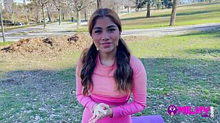 chubby fan fucks peruvian actress in park and creampies her pussy with milk