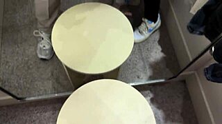 Risky public pov blowjob in fitting room with open curtain and wet tight teen pussy exposed