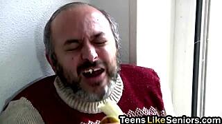 Nerdy Blonde Sucks Old Stud's Tiny Cock Gets Shaved Pussy Licked