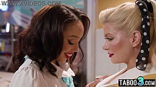 ebony teen 18+ devours blonde milf's juicy pussy hungrily