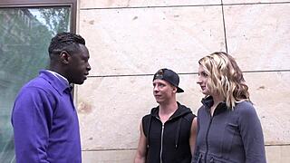 blonde babe in heels and fishnets takes black cock doggystyle while cuckold watches gaping