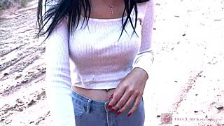 Skinny girl with glasses deepthroats cock in scenic canyon