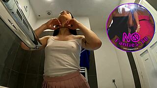 Braless Skinny Brunette Flaunts Horny Ass Legs Pink Miniskirt Bathroom