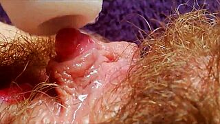 god, feel this hairy pussy squirt from massive clit vibrator orgasm up close