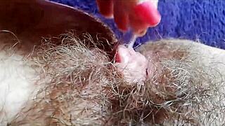 god, feel this hairy pussy squirt from massive clit vibrator orgasm up close