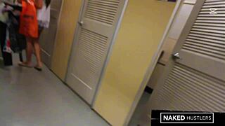 horny babe vibrates wet pussy in public mall fitting room