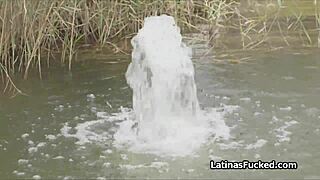 latina babe pulses with excitement flashing wet pussy for huge public cock