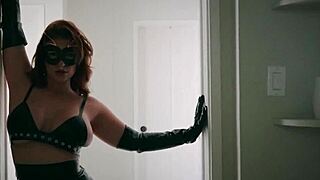 la sirena 69's curves tempt in leather as lingerie rips away