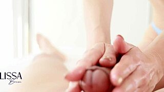 Expert handjob strokes his throbbing cock until massive cum explosion