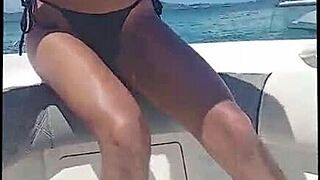 Hairy pussy bikini babe dances seductively on boat tour